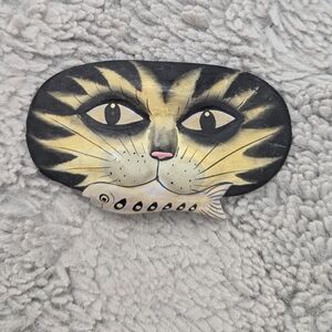 Vintage Hand Painted Wood Cat with Fish Art Piece - Made in Indonesia